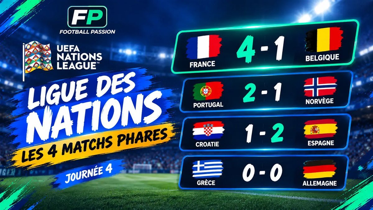 Ligue des Nations 2026-2027, journee 4 : France 4-1 Belgique, Portugal 2-1 Norvege, Croatie 1-2 Espagne, Grece 0-0 Allemagne