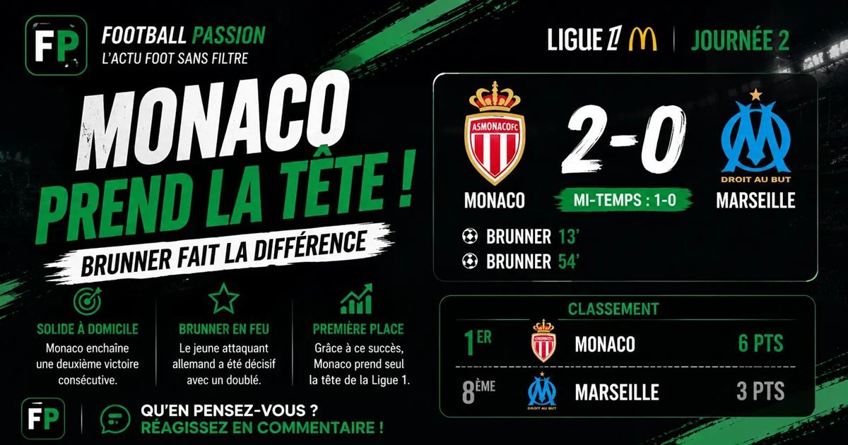 Monaco 2-0 OM : le doublé de Brunner envoie l'ASM en tête de la Ligue 1