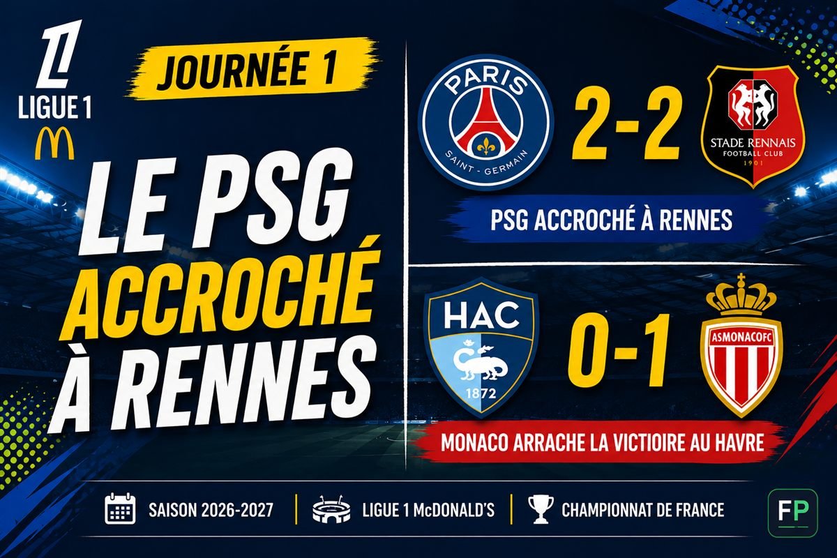 Resume Rennes 2-2 PSG et Le Havre 0-1 Monaco, journee 1 de Ligue 1 2026-2027
