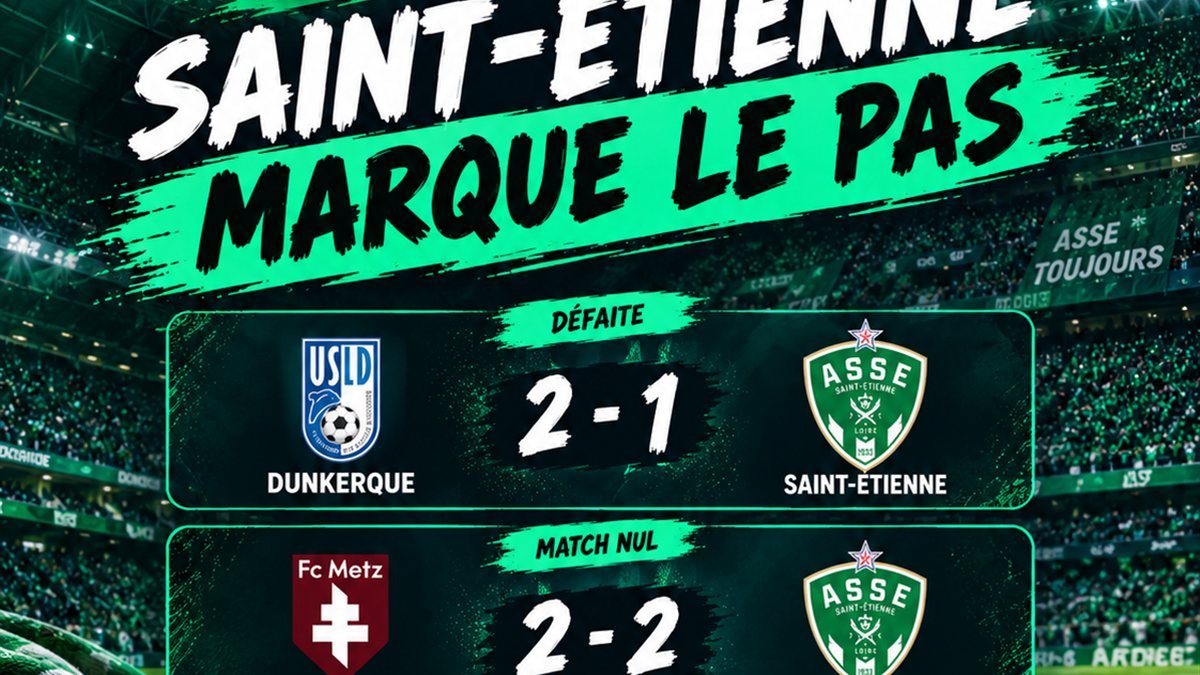 Saint-Etienne marque le pas en Ligue 2 : defaite 2-1 a Dunkerque puis nul 2-2 a Metz