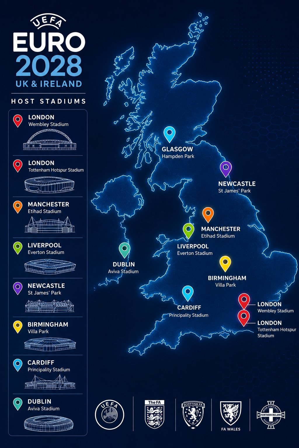 Carte des 9 stades de l'Euro 2028 au Royaume-Uni et en Irlande