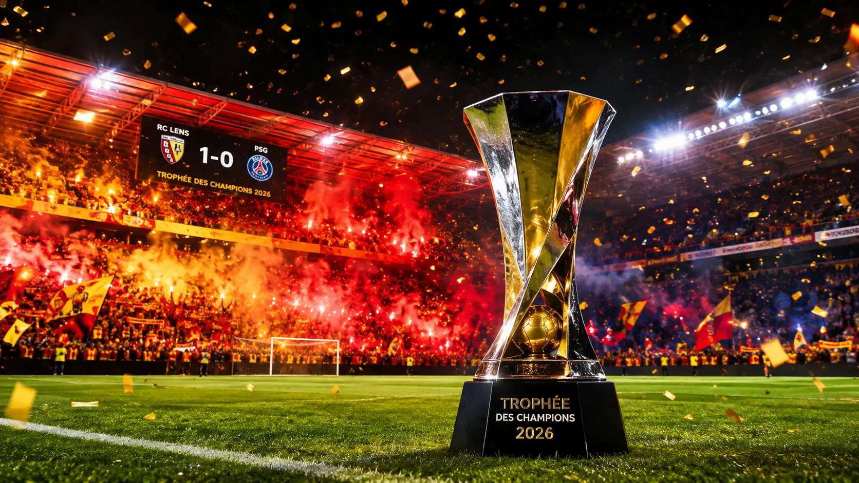 Les joueurs du RC Lens celebrant le Trophee des champions 2026 face au PSG